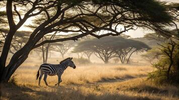 A zebra walking through the grass in the morning photo