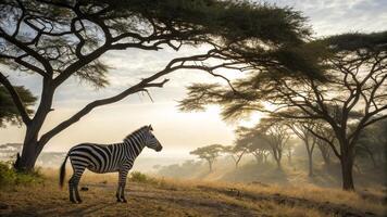 A zebra standing in the middle of a field photo