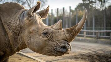 A close up of a rhino in an enclosure photo