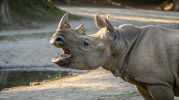 A rhino with its mouth open and its mouth open photo