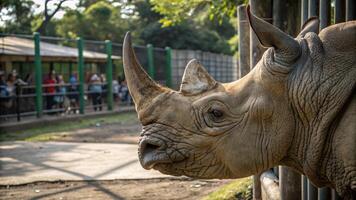 A rhino is standing in front of a fence photo
