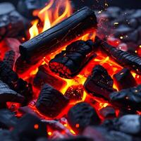 Glowing Campfire Embers with Charred Wood and Rising Sparks photo