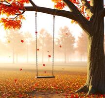 Empty Park Bench in Autumn Forest with Golden Leaves and Warm Sunlight photo