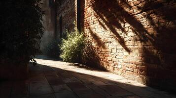 Sunlight on aged brick wall in a quiet alleyway, creating shadows with light contrast and textures photo