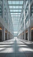 Bright architectural interior showcasing a symmetrical design with sunlight streaming through glass ceiling, creating a serene ambience and minimalist aesthetic photo
