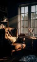 Sunlit serenity a cozy leather armchair by the window in a peaceful reading corner creating a warm atmosphere photo