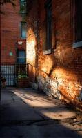 Sunlit Alleyway A Tapestry of Textures and Shadows in an Urban Exploration of Architectural Depth photo