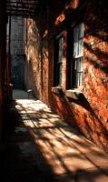 Intriguing interplay of light and shadow dances across the weathered brick in urban alleyway scene photo