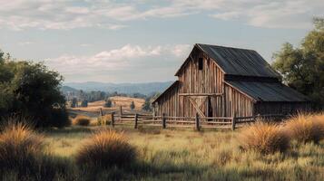 A weathered barn stands proudly amidst a golden field, its rustic charm blending with the tranquil landscape photo