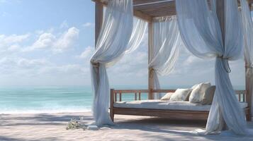 Serene beach getaway with a luxurious canopy bed inviting relaxation and tranquility by the ocean photo