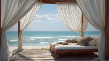 Seaside tranquility awaits with a luxurious daybed on a wooden deck offering an ocean view photo