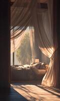 Serene morning sunlight filtering into a tranquil bedroom, draped in elegant sheer curtains and gentle light photo