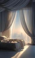Serene morning light illuminating a luxurious bedroom with flowing curtains creating a peaceful atmosphere and dreamlike comfort photo