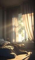Morning sun illuminating a cozy bedroom with soft light filtering through sheer curtains creating a serene atmosphere photo