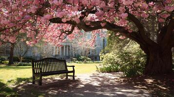 A serene spring scene featuring a park bench under a blooming cherry blossom tree near a building photo