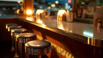 A quiet retro diner scene with empty stools lining the counter reflecting soft warm light across surface photo