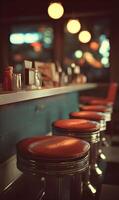 Retro diner scene captures the essence of classic American dining with vintage bar stools and soft lighting evoking nostalgia photo