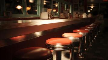 Retro diner scene featuring a row of chrome and orange swivel stools along a long countertop illuminated by warm lighting photo