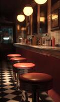 Retro diner ambiance with vibrant stools and checkered floor capturing a classic American setting nostalgia photo