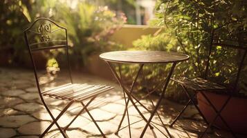 A cozy garden corner with metal chairs and a table under the warm sunlight inviting relaxation and peace photo