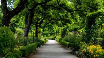 Pathway through a lush garden with vibrant flowers and trees providing a tranquil serene escape photo