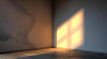 Golden light streaming through a window casting shadows in the corner of an empty room indoors photo