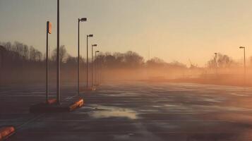 Empty parking lot with street lights shrouded in thick fog during a serene sunrise or sunset photo