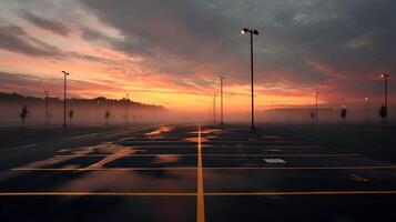 Tranquil dawn breaks over a solitary empty parking lot painted with golden sunrise colors photo