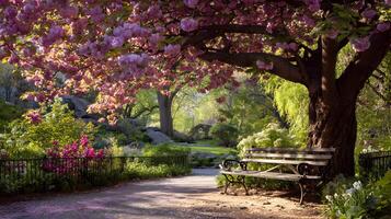 A serene springtime escape in a picturesque park with blooming cherry blossoms and a rustic bench photo