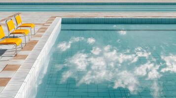 Sky reflection in a swimming pool alongside orange chairs creating a serene atmosphere in summer photo