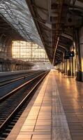 Railway station platform illuminated by golden sunlight creates a scene of tranquil expectation travel photo