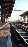 Railway journey beckons as the sun rises illuminating the platform and tracks promising travel adventure through serene mornings photo