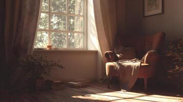 Cozy afternoon light filters through the window illuminating a relaxing reading nook with a vintage chair photo