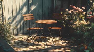 Charming outdoor bistro set nestled amidst lush greenery under the warm glow of dappled sunlight photo