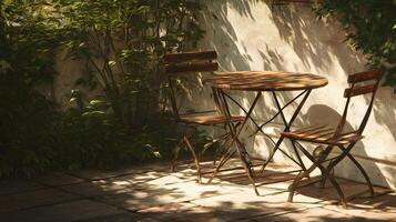Tranquil outdoor setting a rustic wooden table and chairs shaded by foliage create a peaceful scene photo