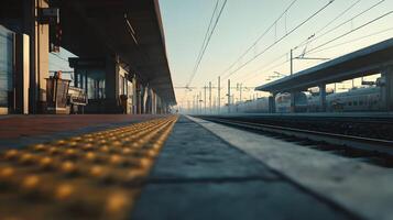 A contemplative early morning atmosphere at a railway station platform awaiting arrival or departure photo