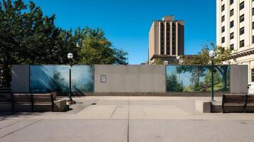 Urban Oasis A Tranquil Concrete Landscape Illuminated by Art Trees and a Clear Blue Sky Day photo