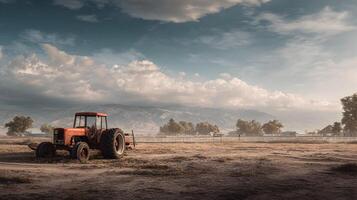 Vintage tractor resting in a rural landscape surrounded by expansive fields under a cloudy sky photo