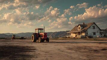 Rural landscape featuring a red tractor and an old farmhouse under a cloudy sky at sunset photo