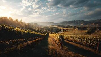 Sunlit vineyard landscape with rows of grape vines on rolling hills under a dramatic sky photo