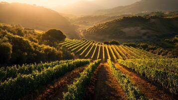 Vineyard landscape at golden hour with rows of grape vines illuminated by setting sun in hills photo