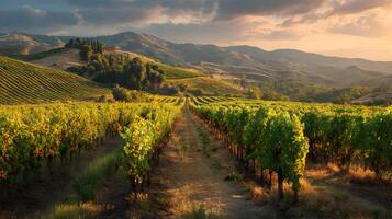 Picturesque vineyard landscape at sunset in Tuscany with rows of grape vines and rolling hills photo
