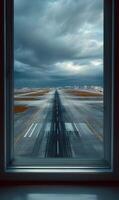 Airport Runway View From Window on Overcast Sky for Travel and Transportation Theme photo