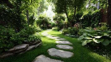 Serene backyard garden pathway with lush foliage and natural stonework design ideal for photo