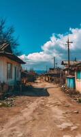 Scenic road in mongolian village with buildings under blue sky and fluffy clouds rural landscape photo