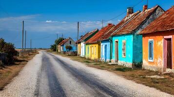 Quaint village street with vibrant colorful houses and rustic charm picturesque row photo
