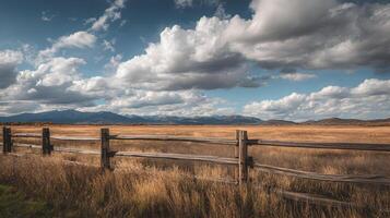 Idyllic prairie landscape with wooden fence and mountain scenery backdrop under cloudy sky photo