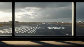 Modern airport terminal window with runway view reflecting dramatic sky scenery Travel backdrop photo
