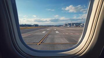 Runway view through airplane window with clear blue sky and scattered clouds airport scene ready photo