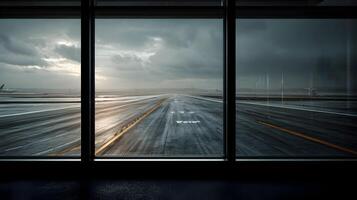 Dramatic Airport Runway View through Large Windows on a Stormy Day Reflective Surface Capturing photo